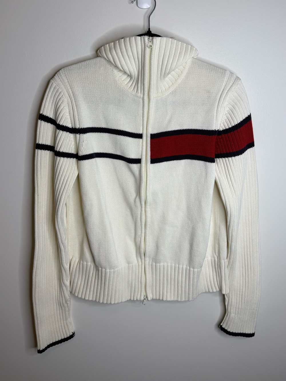 Tommy Hilfiger Cream Zip-Up Ribbed Sweater with Red & Black Stripes funnel neck